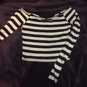 Beige and Black XS Striped Long Sleeve Crop Top